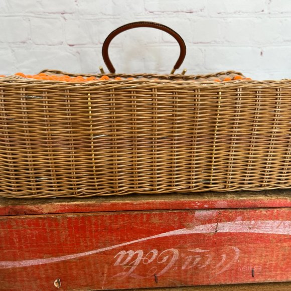 60's Straw & Beaded Tote Bag/Purse - Leather Handle - Boho - Mod - Coated Straw - Picture 9 of 9